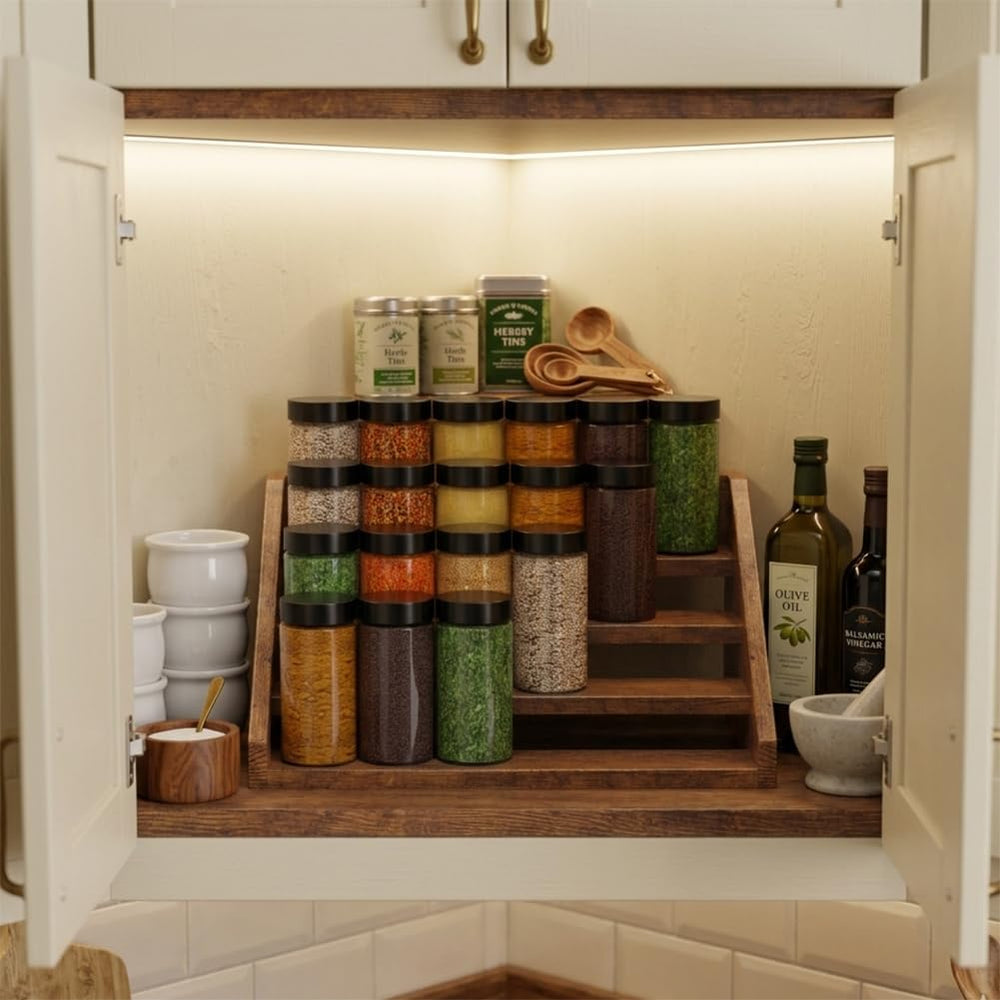 4 Tier Wood Spice Rack Organizer for Cabinet, Super Sturdy Display Riser Shel...
