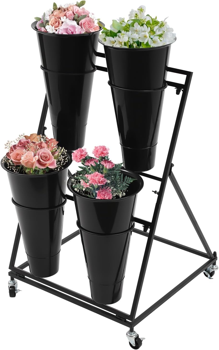 Flower Display Stand with 4PCS Round Buckets 2 Tiers Metal Mobile Florist Bou...