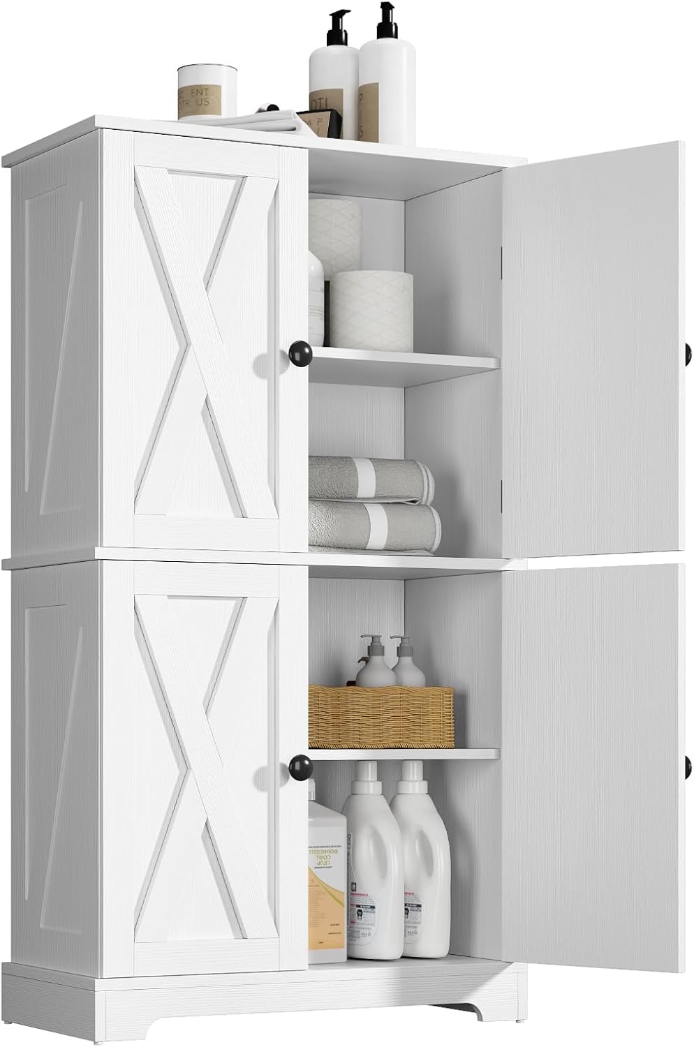 Farmhouse Bathroom Storage Cabinet, 4-Door Floor Cabinet