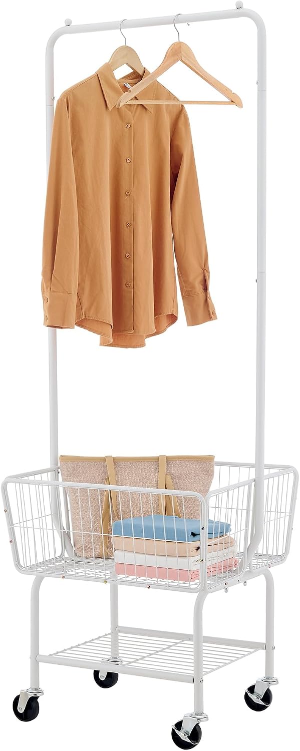 Tajsoon Rolling Laundry Cart with Hanging Rack & Storage Basket, White