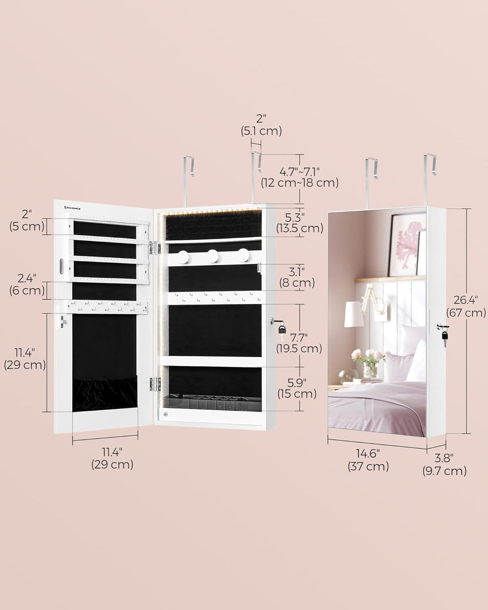 SONGMICS Lockable Jewelry Cabinet Armoire with Mirror, Wall-Mounted