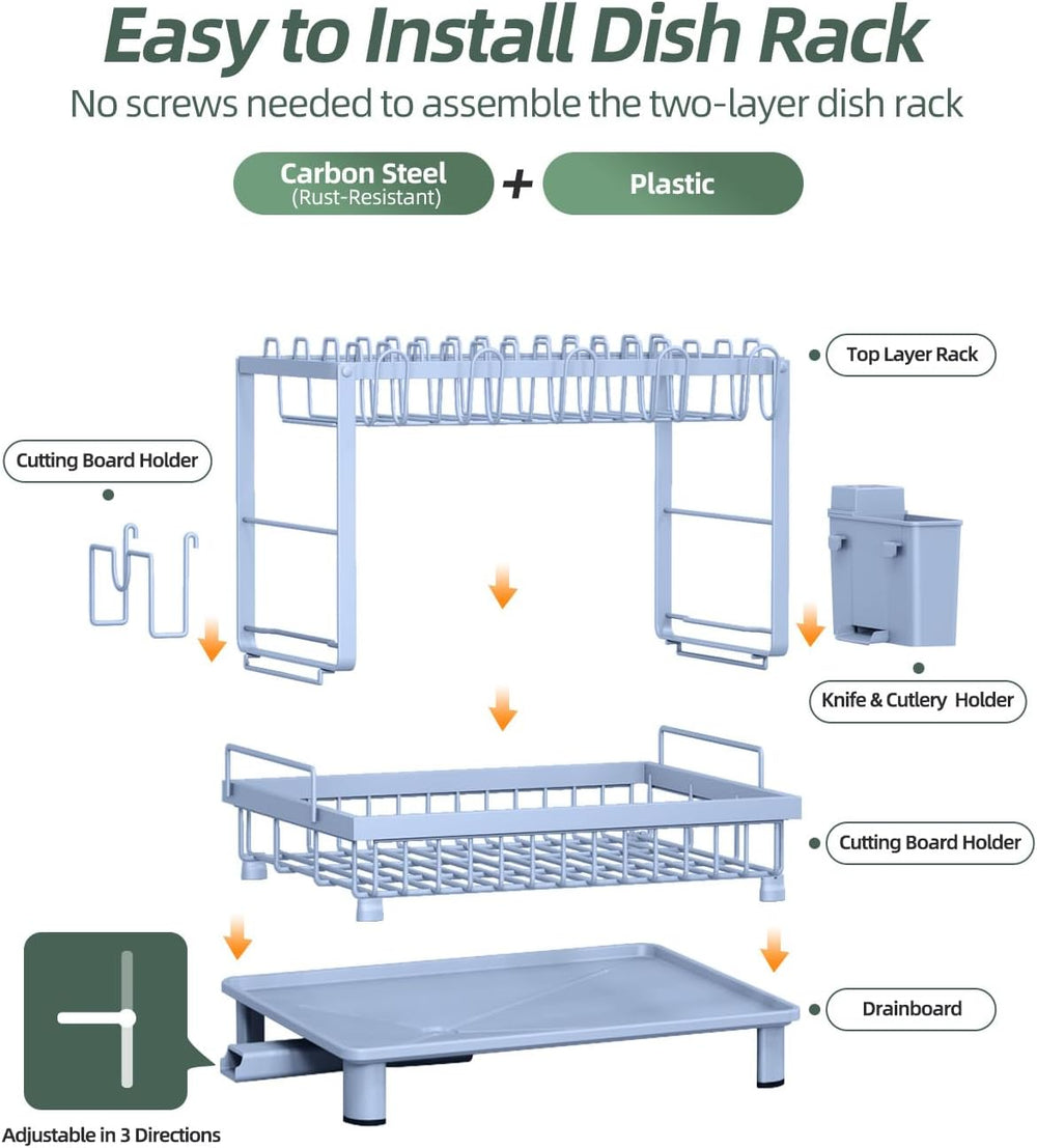 2-Tier Dish Drying Rack for Kitchen Counter, Space-Saving, Blue
