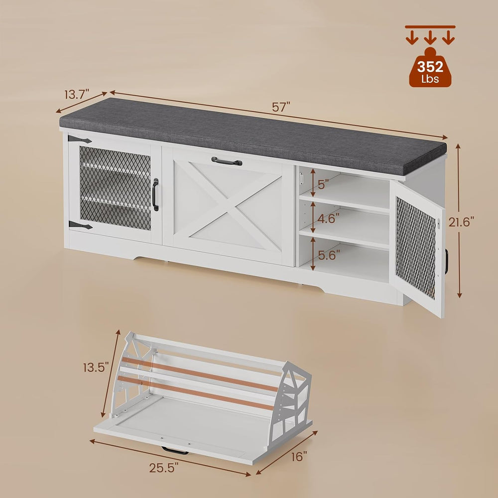 UPOSOJA Farmhouse Storage Bench with Flip Drawers & Padded Seat Cushion, ...