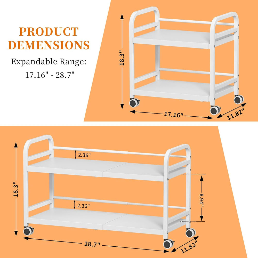 2-Tier Expandable Rolling Cart, Pantry Storage Cart with Wheels, Adjustable R...