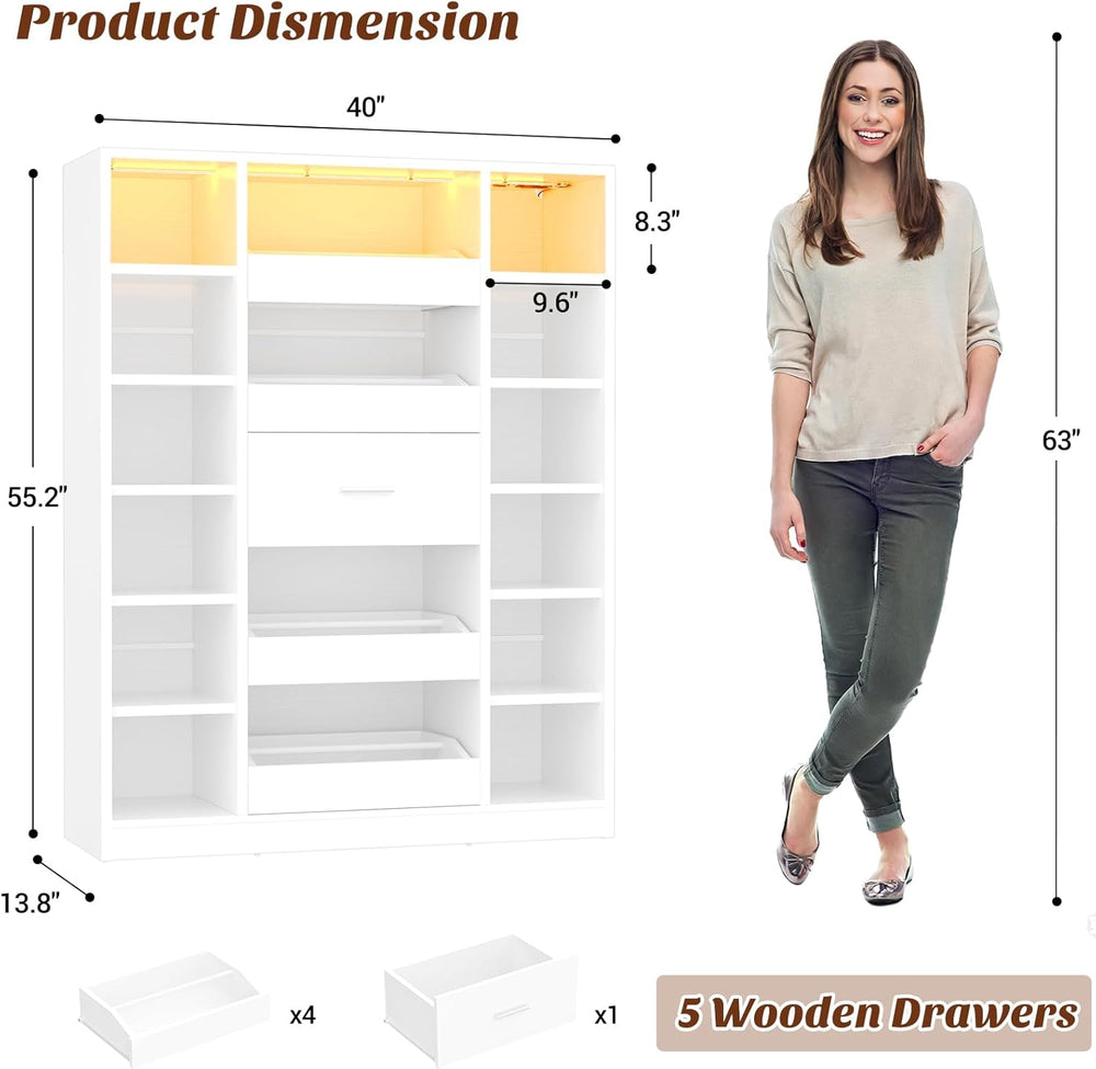 Besiost 40" Closet System with Lights, Wood Closet Organizer with 5 Drawers