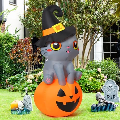 GOOSH 6 FT Halloween Inflatables Cat Outdoor Decorations Blow Up Yard Cute Wi...