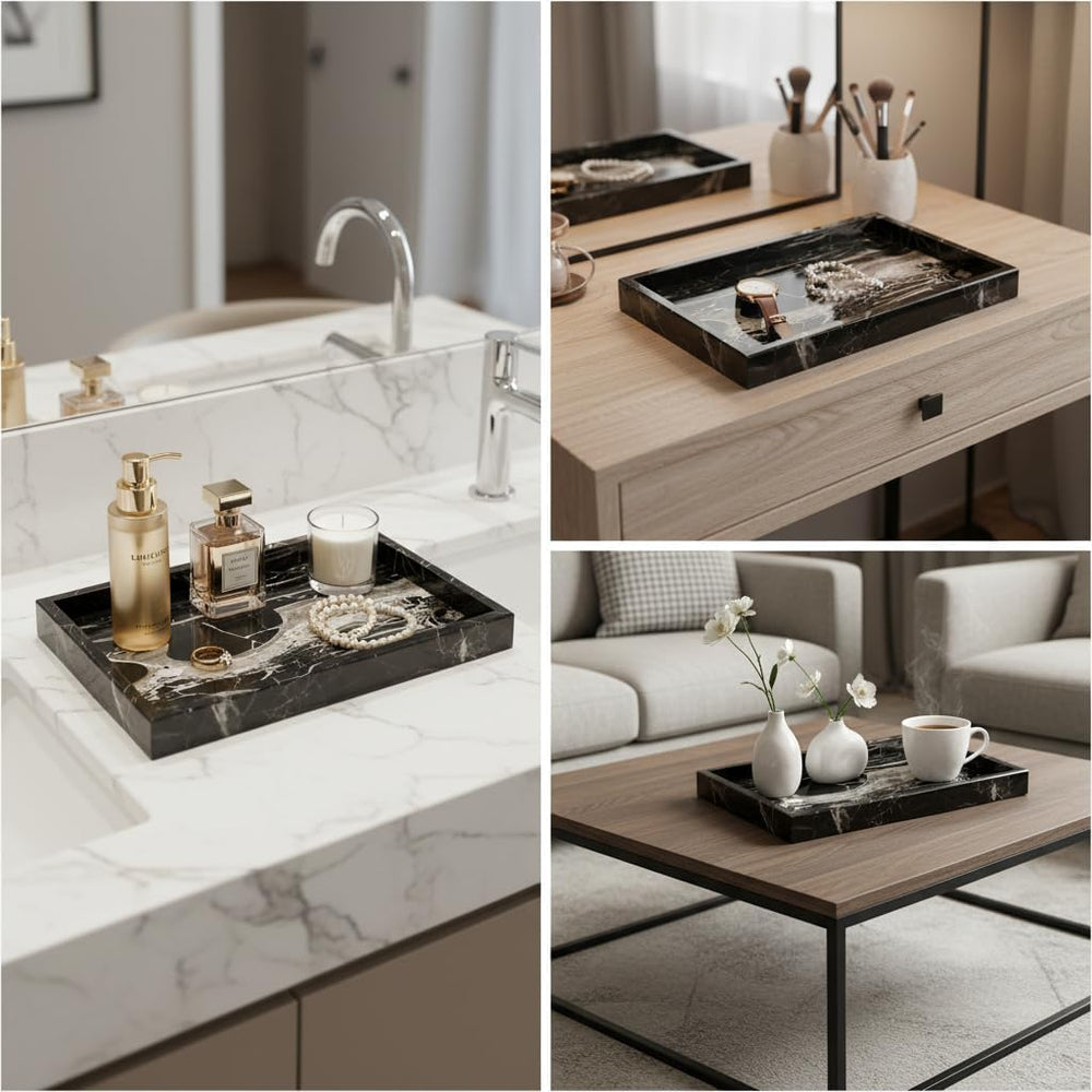 Black Marble Tray for Men 12x8, Real Natural Bathroom Vanity Perfume Jewelry