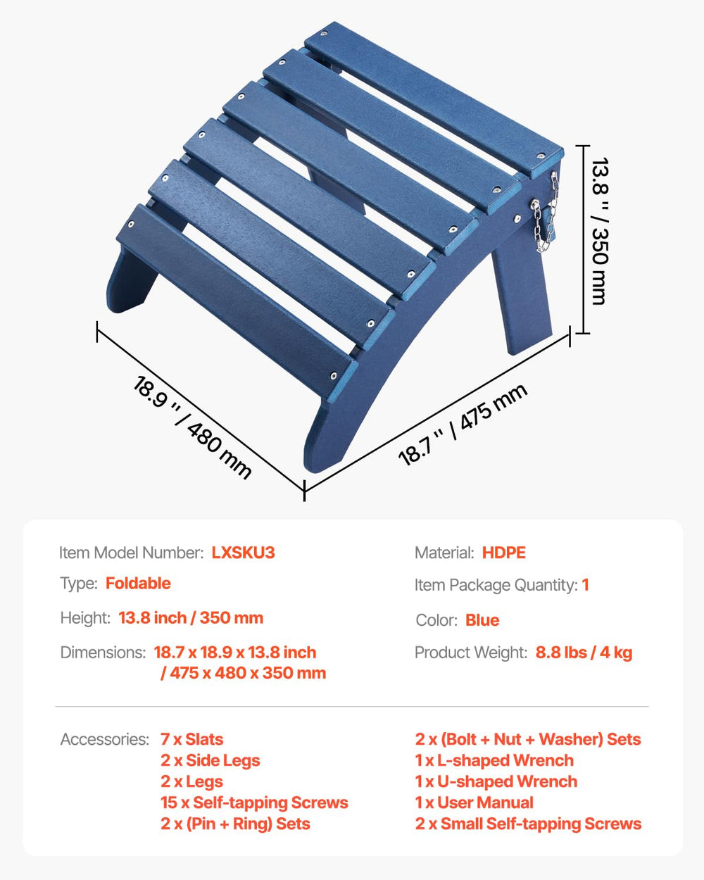 VEVOR Adirondack Ottoman, 18.7L x 18.9W x 13.8H Inch HDPE Plastic Folding Adi...