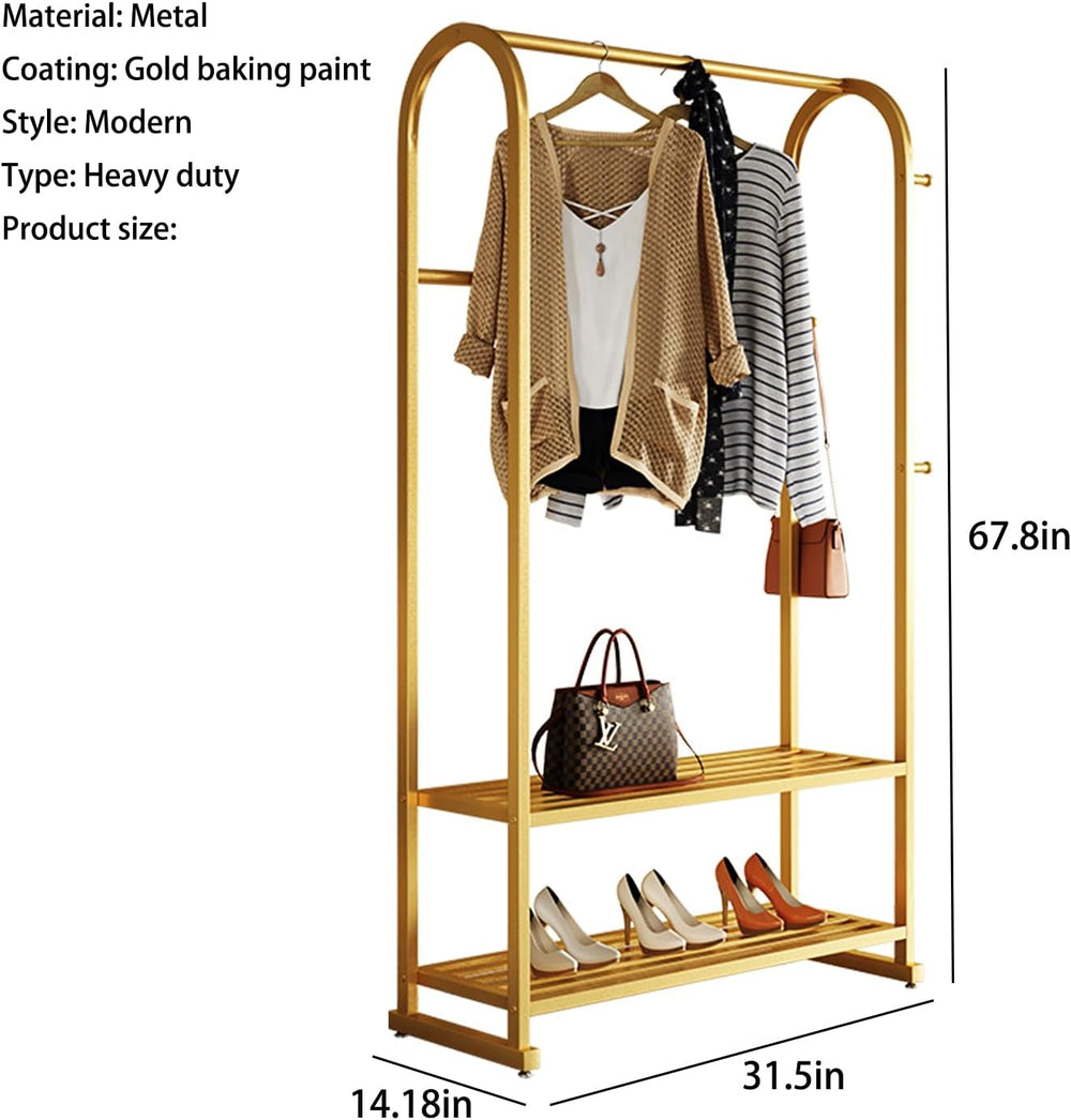 Gold Clothing Rack with 2 Shelves and Side Hooks,Freestanding Metal Garment R...