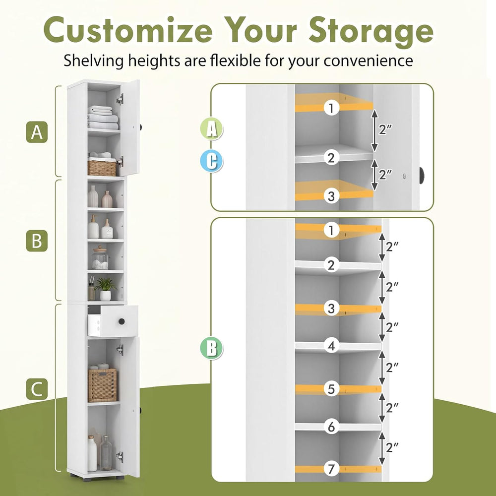 COSTWAY 71" Tall Slim Bathroom Storage Cabinet, 1 Drawer, 2 Doors, White