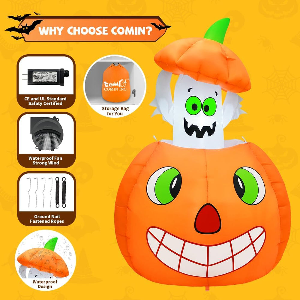 COMIN 5 FT Halloween Inflatables Animated Pumpkin Ghost Outdoor Decorations B...