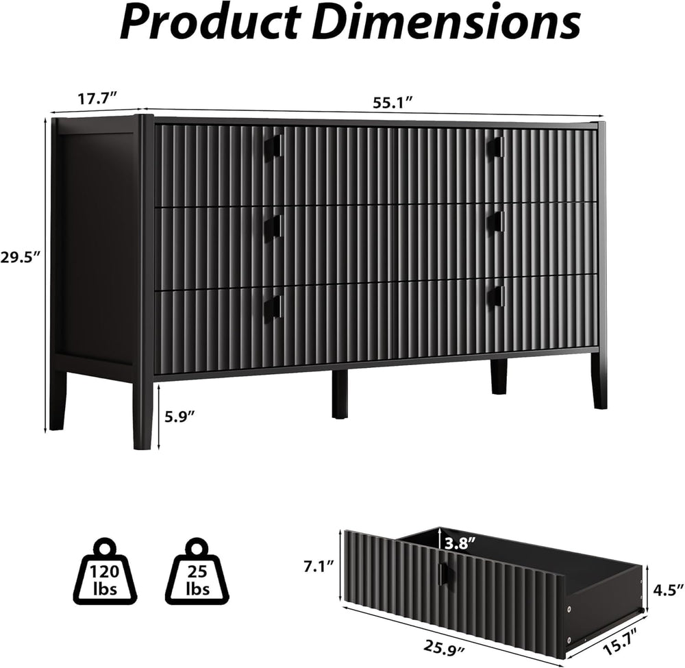 MAISONARIA Black 6 Drawer Dresser for Bedroom, Modern Wood Dresser, Fluted De...