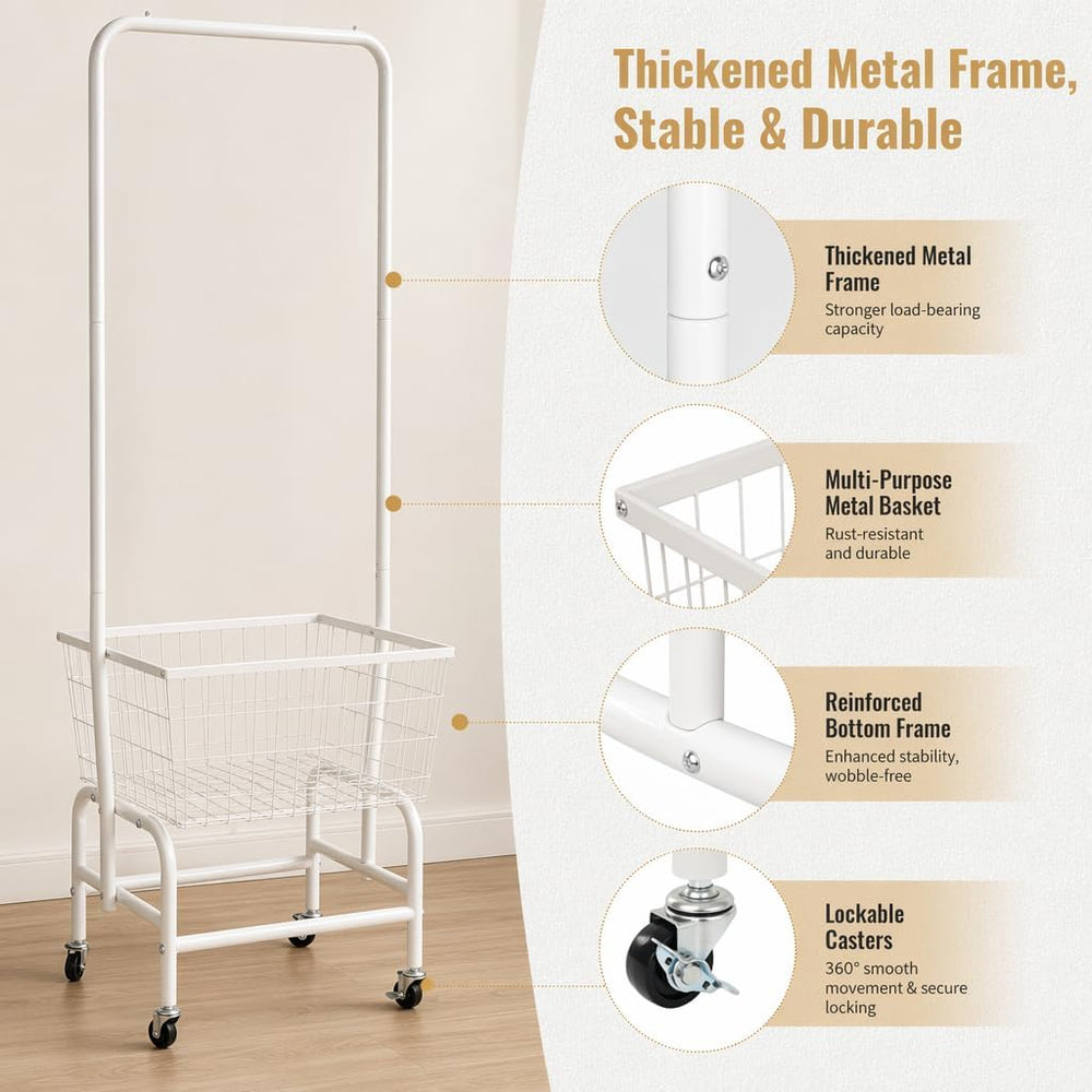 ALIMORDEN Rolling Laundry Cart with Hanging Rack & Metal Basket, White