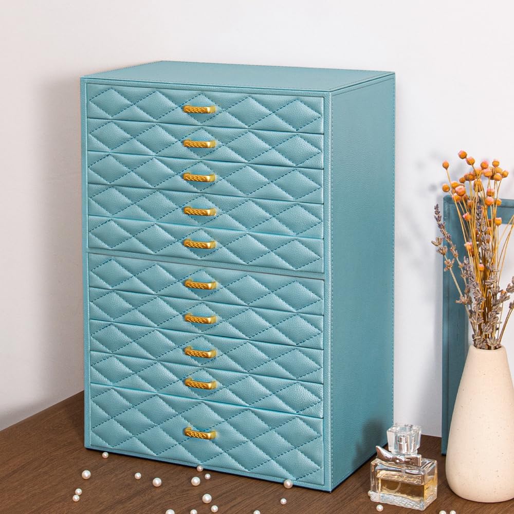 Extra Large Jewelry Box Organizer with 10 Drawers - Premium Faux Leather Stor...