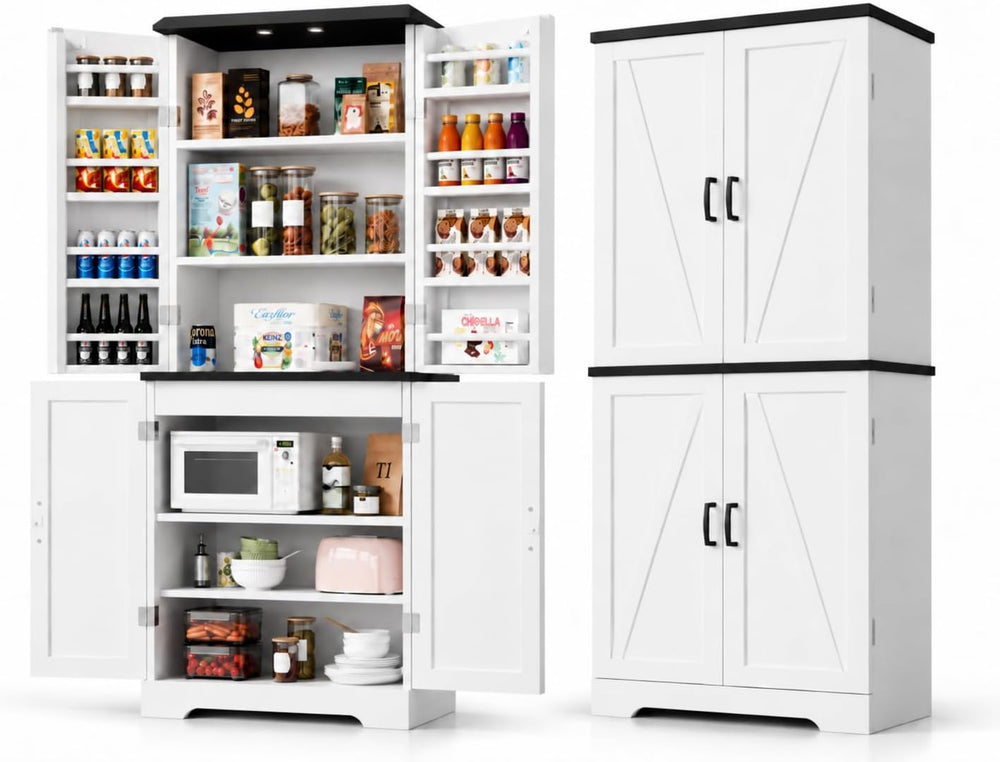 Vongrasig Kitchen Pantry Storage Cabinet with Barn Doors, Drawer & Shelves