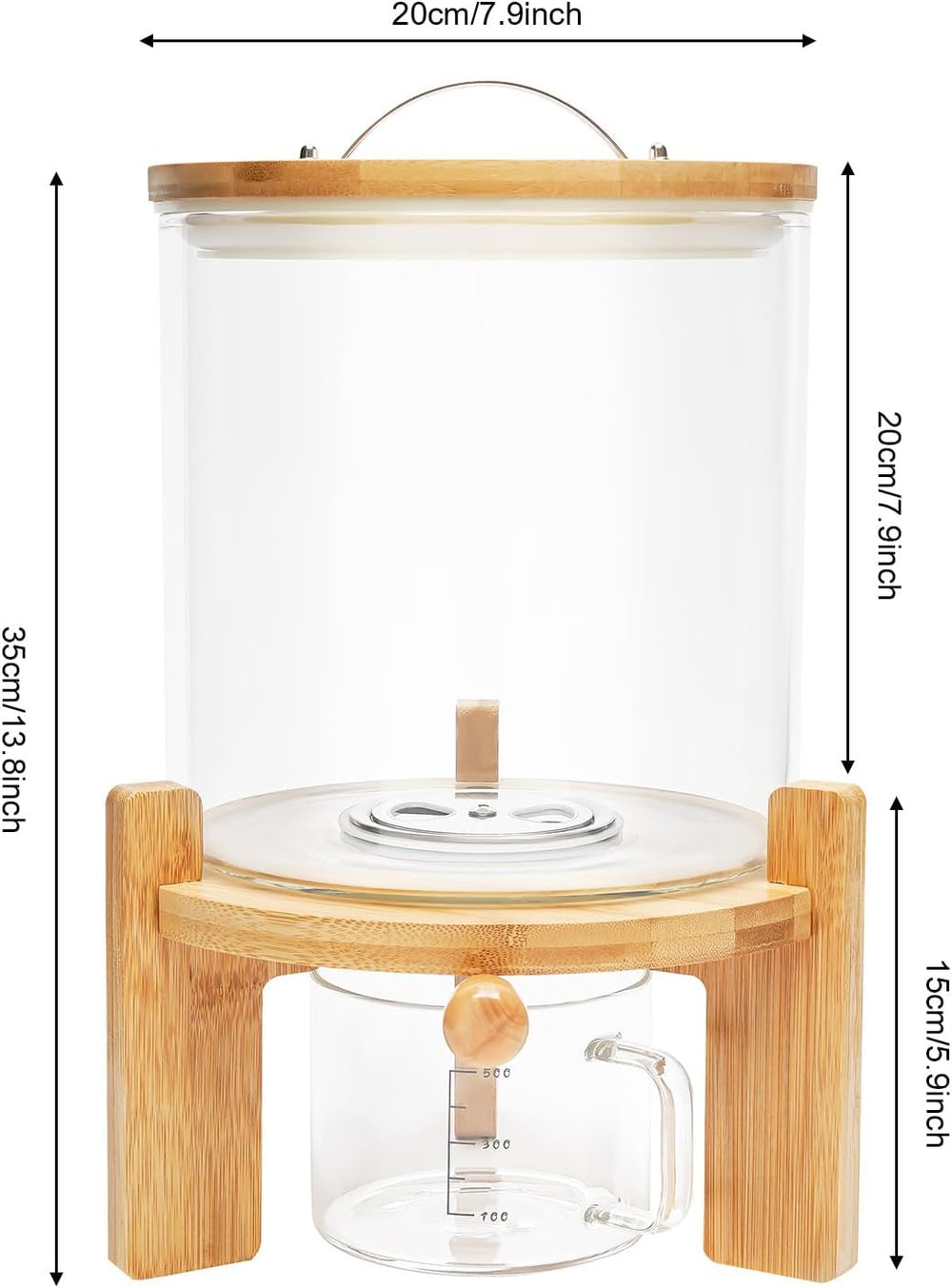 Glass Rice Dispenser, 5L Countertop Flour Cereal Container w/ Bamboo Stand
