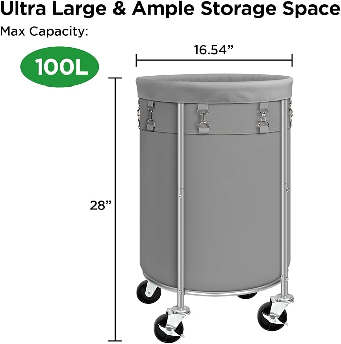 Laundry Hamper with Wheels, 100L Round Rolling Laundry Basket Sorter with
