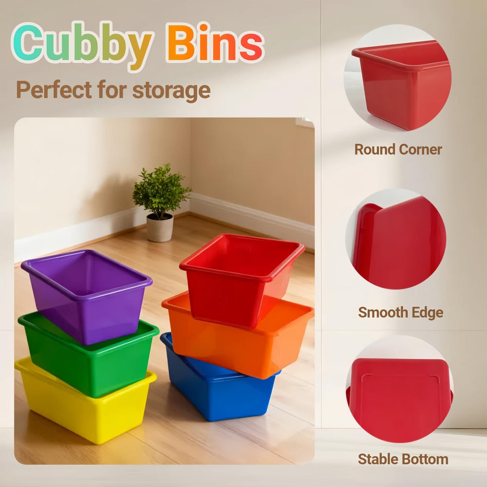 6 Pack Small Cubby Bins, Plastic Storage Containers for Classroom, Rainbow