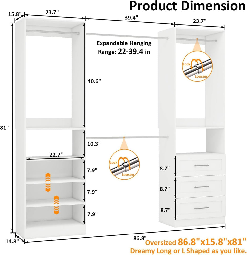 Closet System of 2 Sets with 3 Drawers, 4FT-10FT Closet Organizer System with...