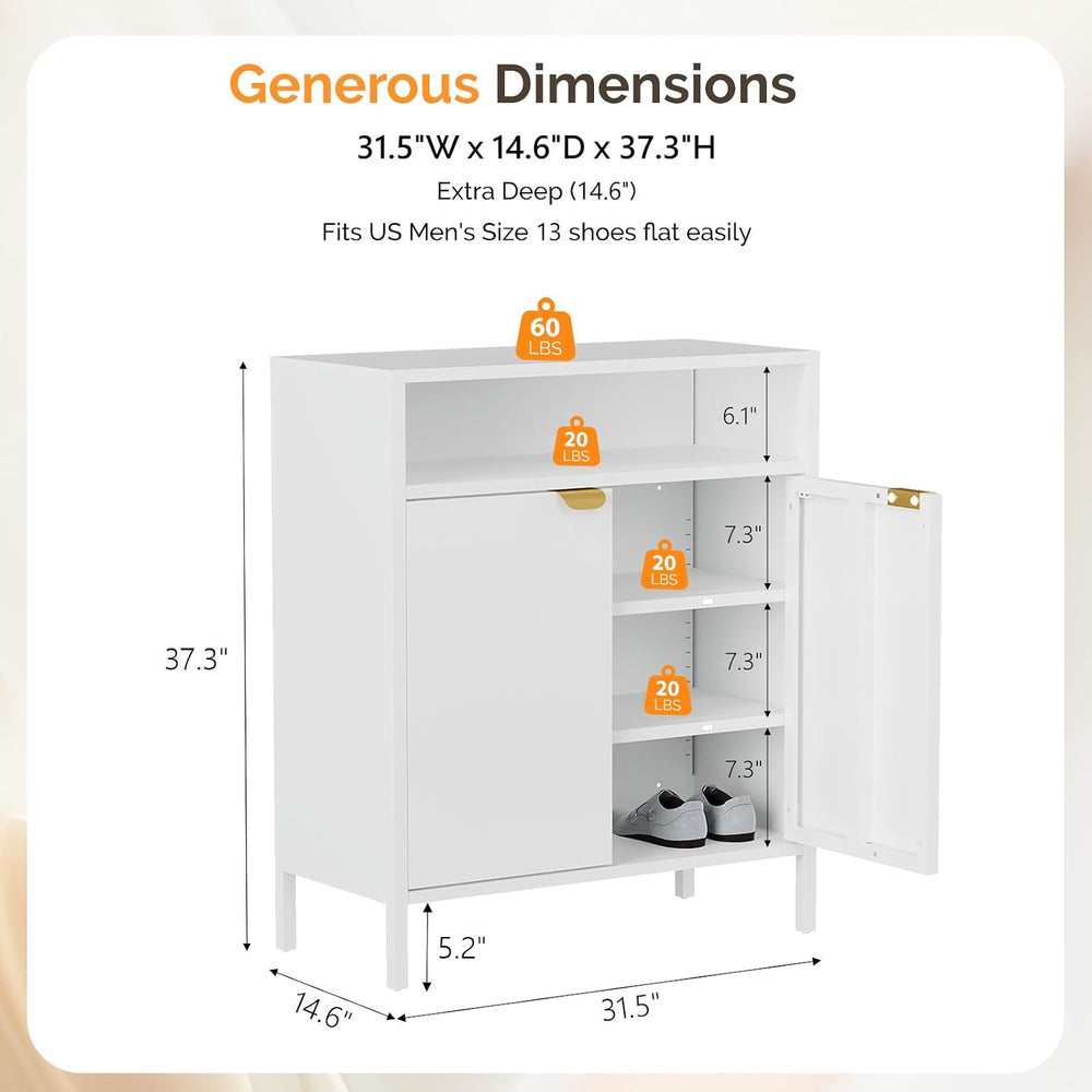 VINGLI Metal Shoe Cabinet, White Entryway Shoe Storage Cabinet with 2 Doors a...