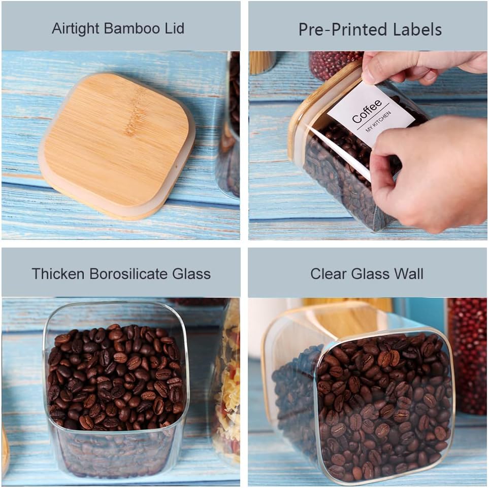 LEAVES AND TREES Y Glass Storage Canister with Wooden Lid, Set of 7 Square Gl...