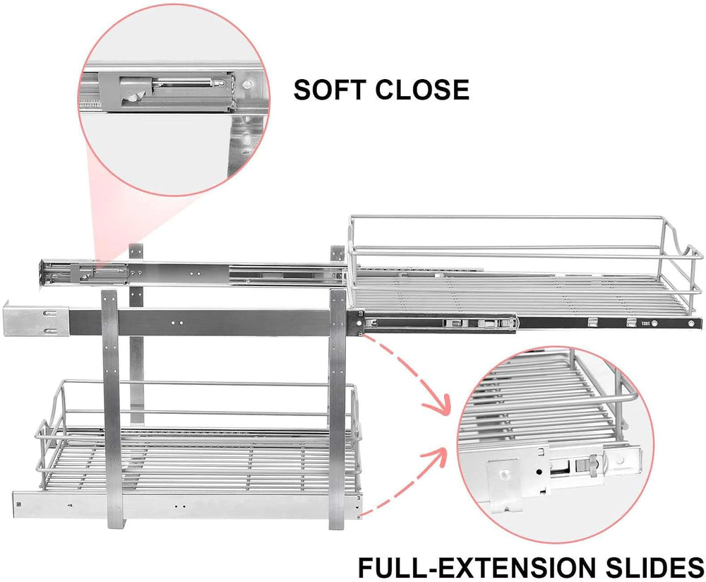 2 Tier Pull Out Cabinet Organizer,(11½"W x 22" D) Soft Close Slide ...
