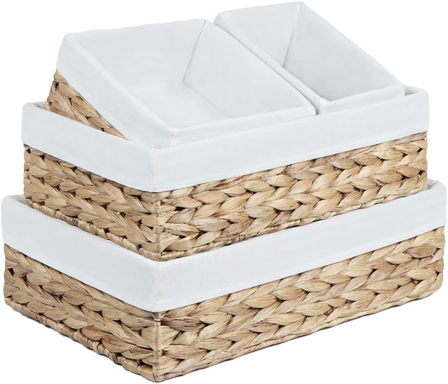 Water Hyacinth Shelf Baskets 4-Pack, Handwoven Wicker Bins with Removable Lin...