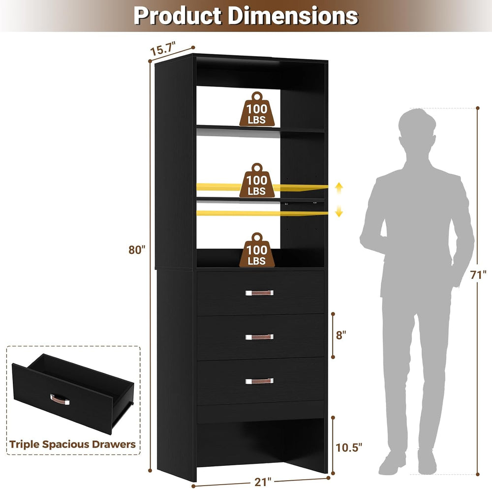 Freestanding 1.8FT Closet System with Leather Handles for Small Space Black
