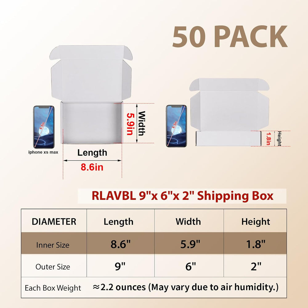 RLAVBL 9x6x2 Shipping Boxes Set of 50, White Corrugated Cardboard Box for Pac...