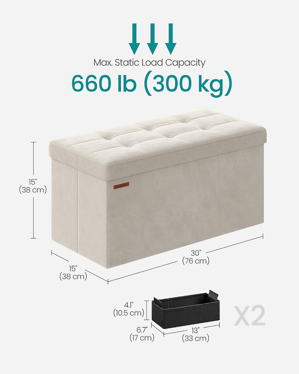 SONGMICS Storage Ottoman Bench, 30 Inches Velvet Foldable Foot Rest