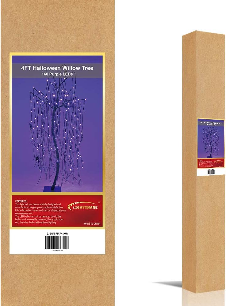 LIGHTSHARE 4 Feet Halloween Willow Tree, 160 LED Lights,Pack of 2,with 8 Spid...