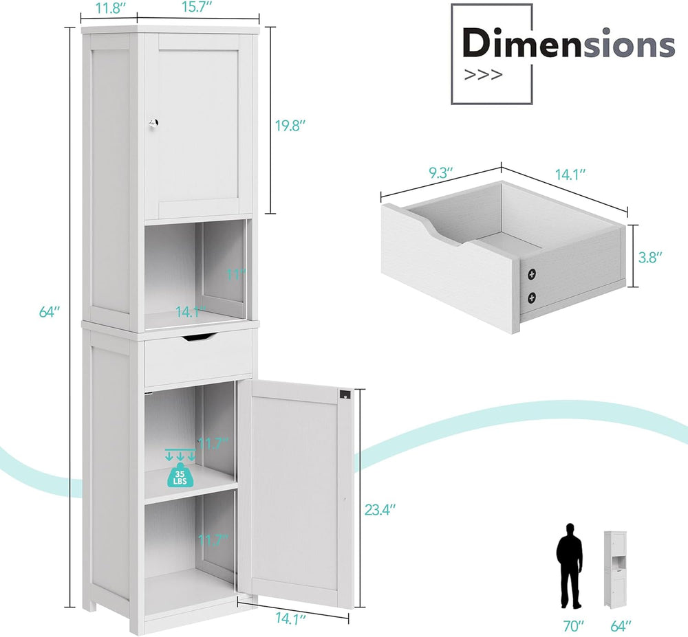 Vongrasig 64”Tall Narrow Slim Bathroom Storage Cabinet with 2 Doors, White