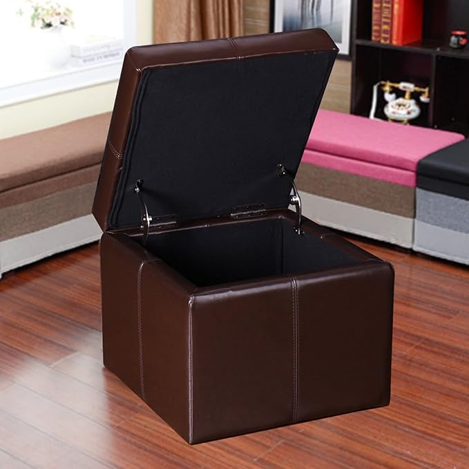 Adeco 17.7" Leather Cube Storage Brown Ottomans