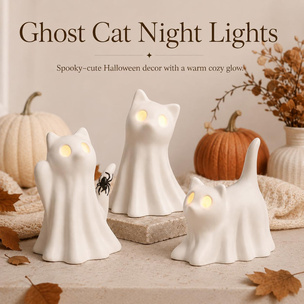 3PCS Ceramic Ghost Cat Light Up Decor Cat Ghost Halloween Decor