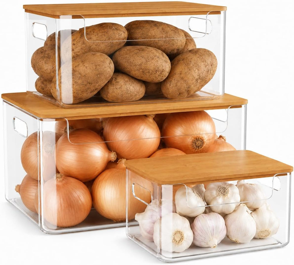3 Pack Pantry Organizers and Storage Bins with Bamboo Lids,Trash Bag Holder