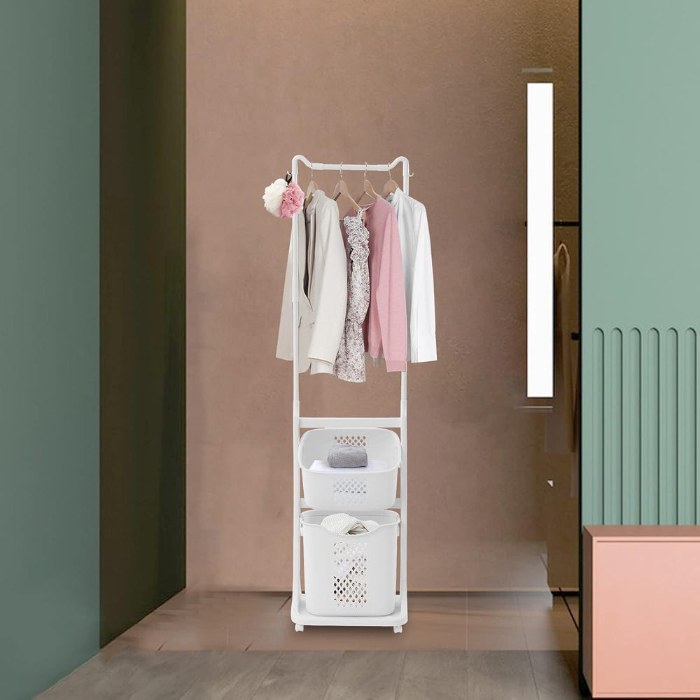 Rolling Laundry Hamper Cart with Wheels and Hanging Bar, 2 Tier Rolling Laund...