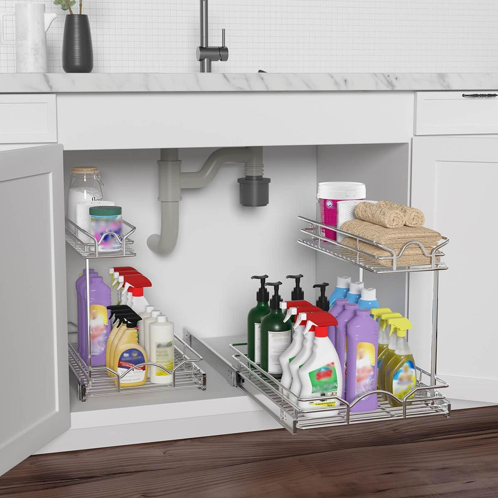 OCG Under Sink Cabinet Organizer Two Tier Pull Out Shelf (11.75W x 17D), Unde...
