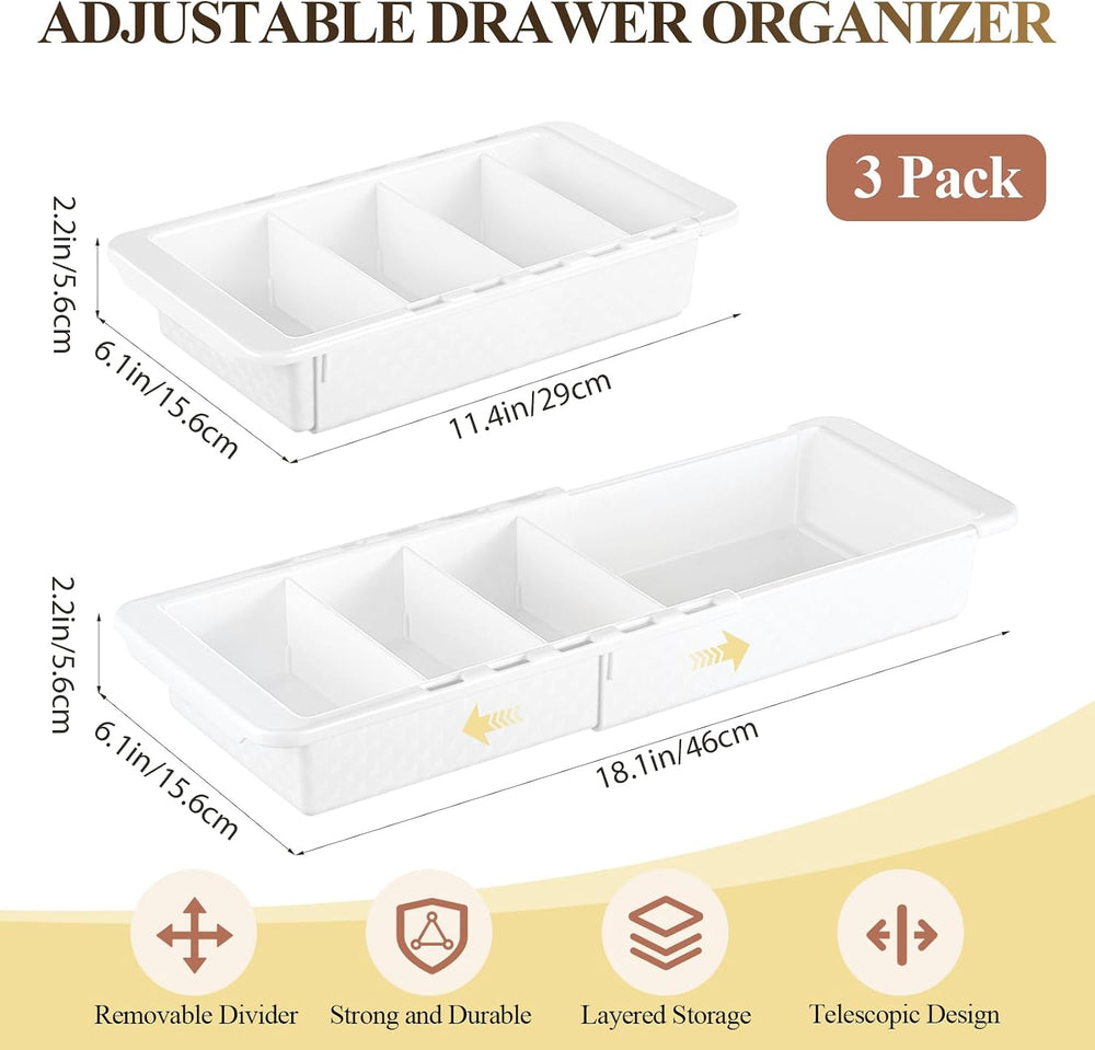 3 Pcs Expandable Deep Drawer Organizer Bins for Desk, White
