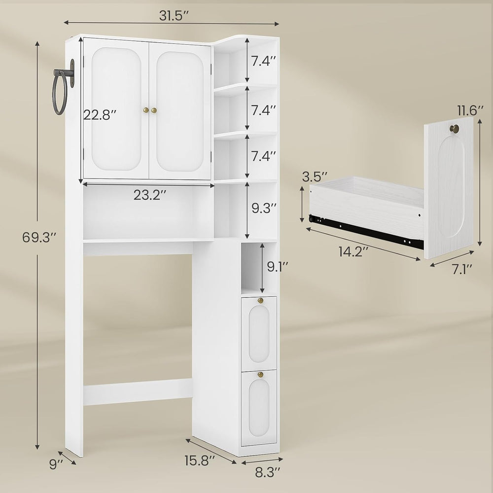 7-Tier L-Shaped Wooden Over the Toilet Storage Cabinet with Doors