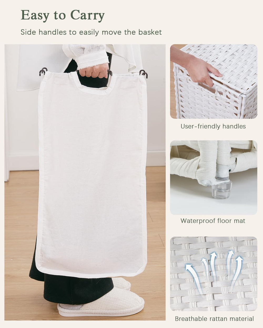 SETVSON Laundry Hamper with Lid Laundry Basket 132 L PE Rattan, White