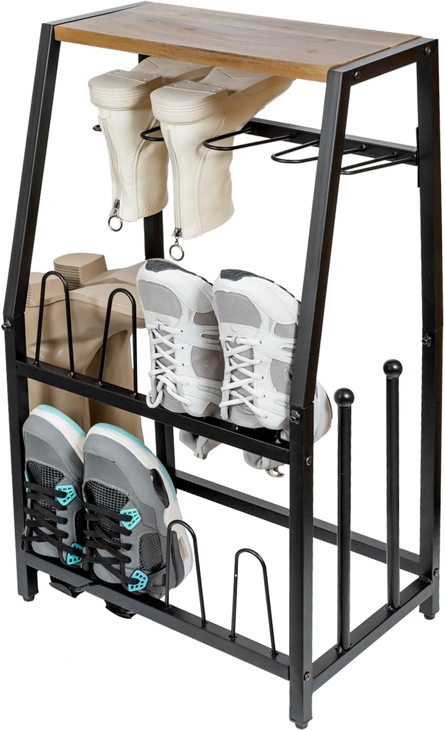MyGift Acacia Wood Shoe Rack, 2-Tier Entryway Organizer with Boot Storage