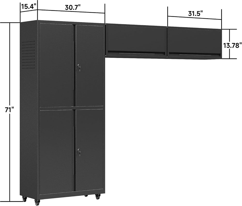 Garage Storage Cabinets System, 3-Pcs Workshop Cabinet Set in Black, Locked G...
