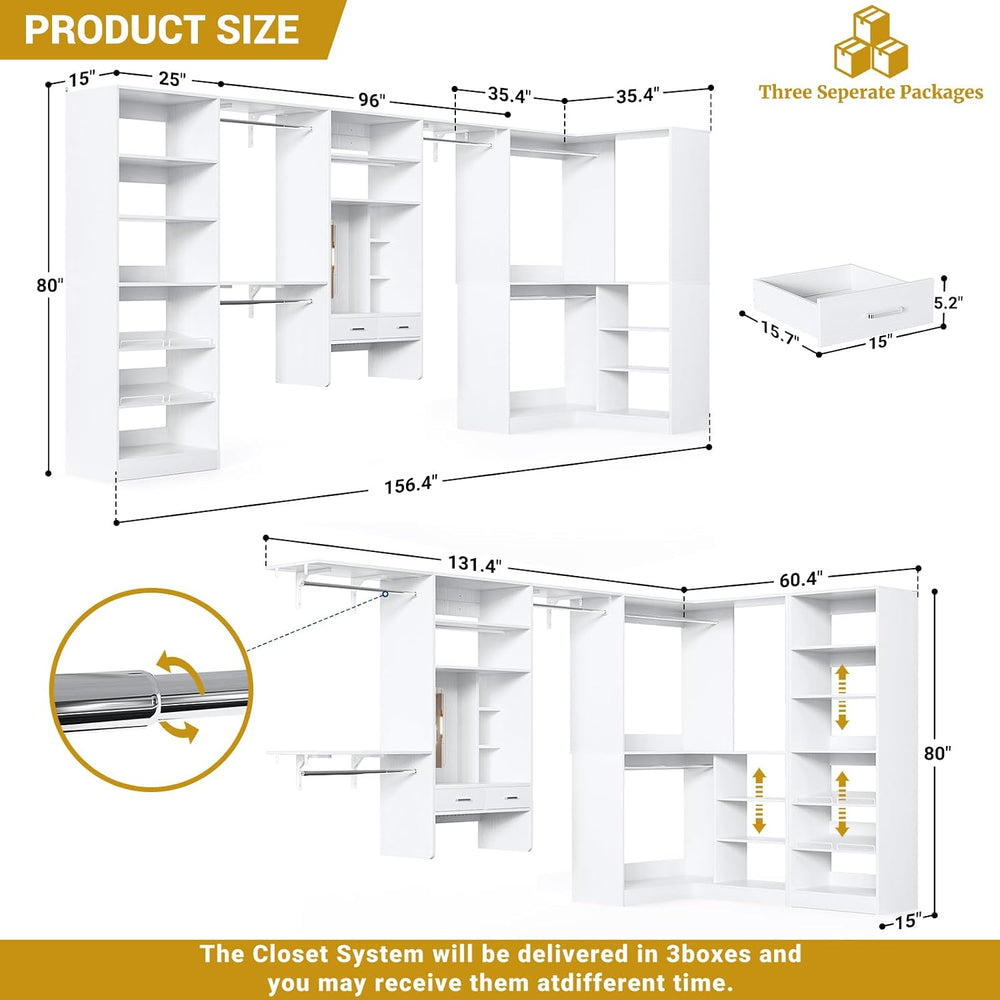 Unikito 156" Modular Corner Closet System with Vanity Desk Tower, White