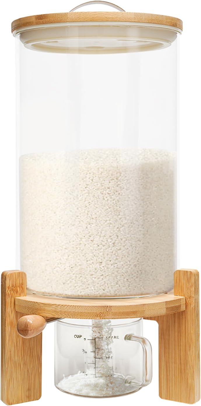 Glass Rice Dispenser,7.5L Countertop Flour Cereal Container w/ Bamboo Stand