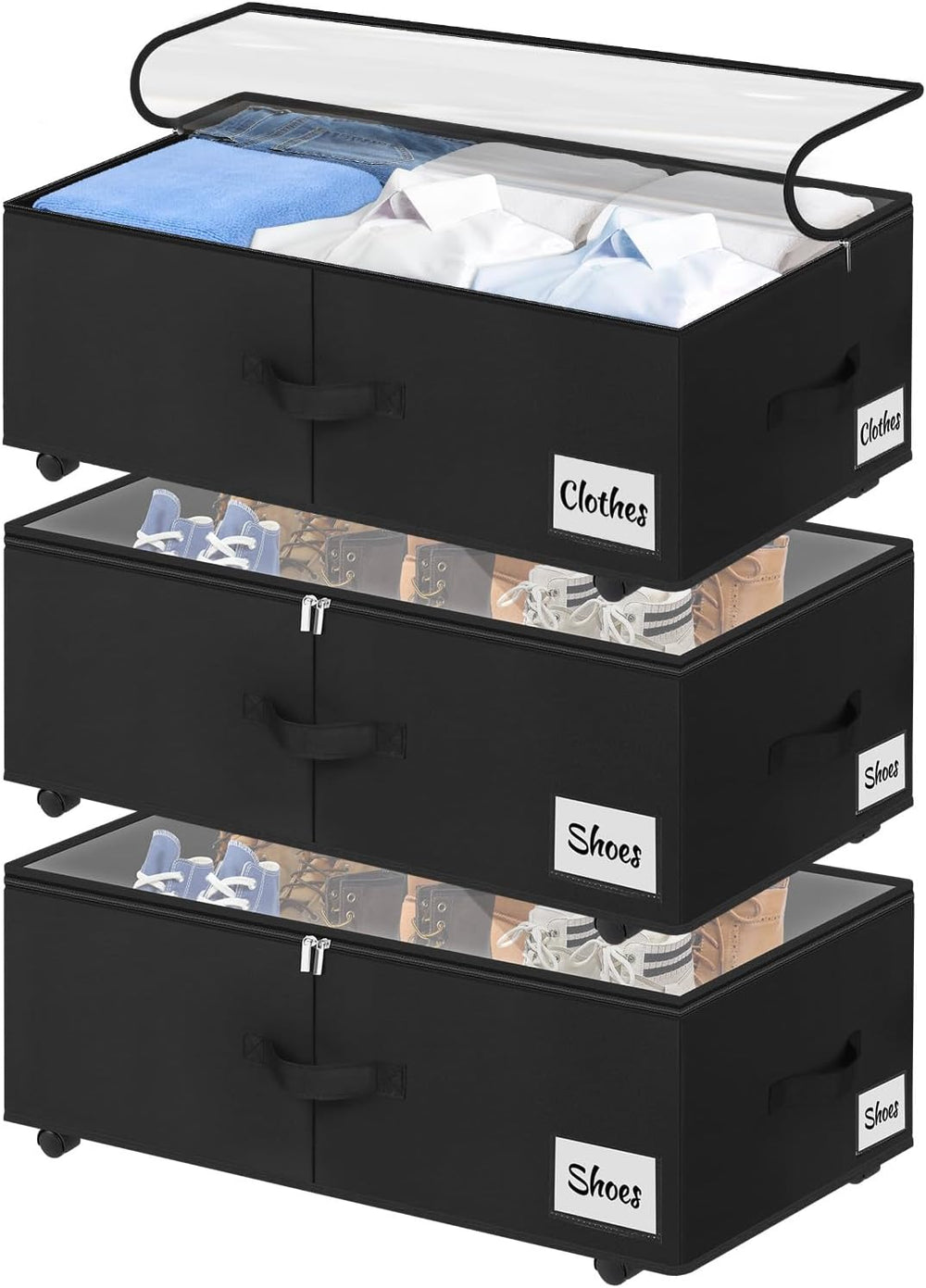 Under Bed Storage with Wheels, 3-Pack 10" Height XXL 75L Rolling Storage...