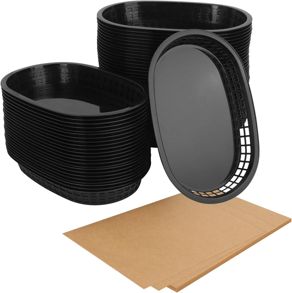 50 Pack Fast Food Baskets, 10.6 x 6.7 Inch Black Plastic food Baskets, Food S...