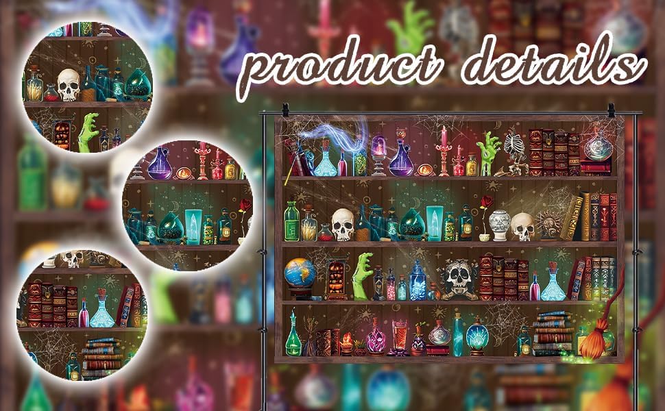 Halloween Magic Potion Shelf Backdrop Bookshelf Spooky Witch Skulls Backgroun...