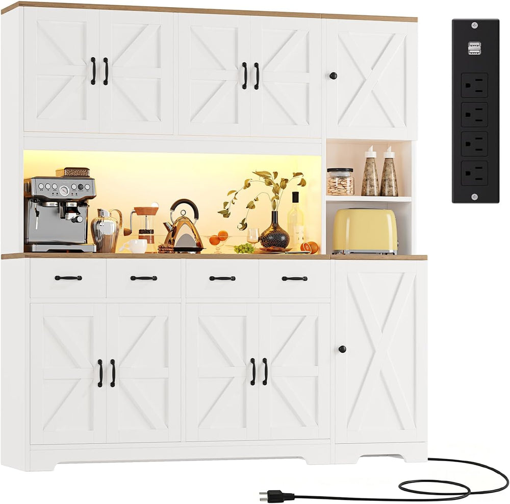 71" Tall Kitchen Pantry with LED Lights & Charging Station, Farmhous...