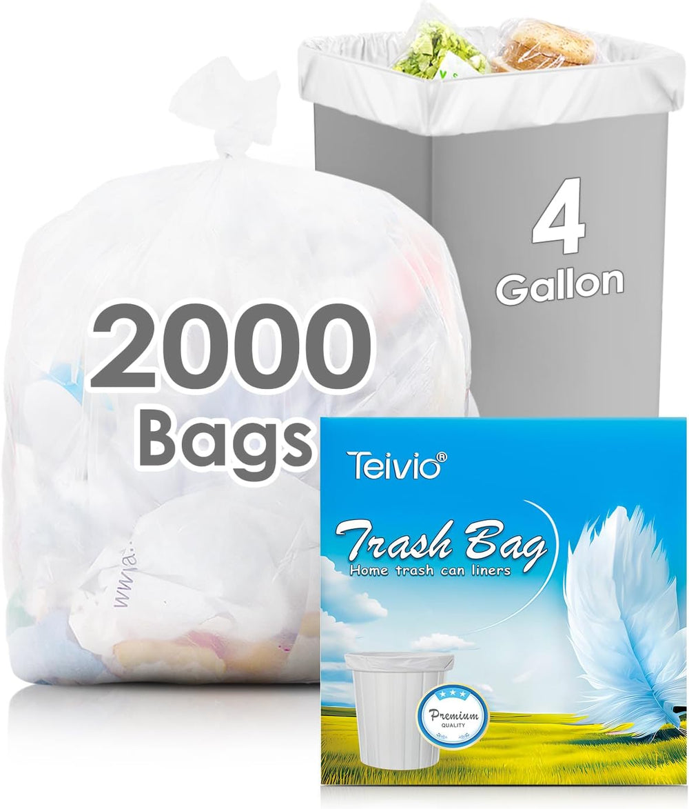 Teivio Small Clear Trash Bags 4 Gallon 2000 Count Kitchen Bulk Garbage Bags