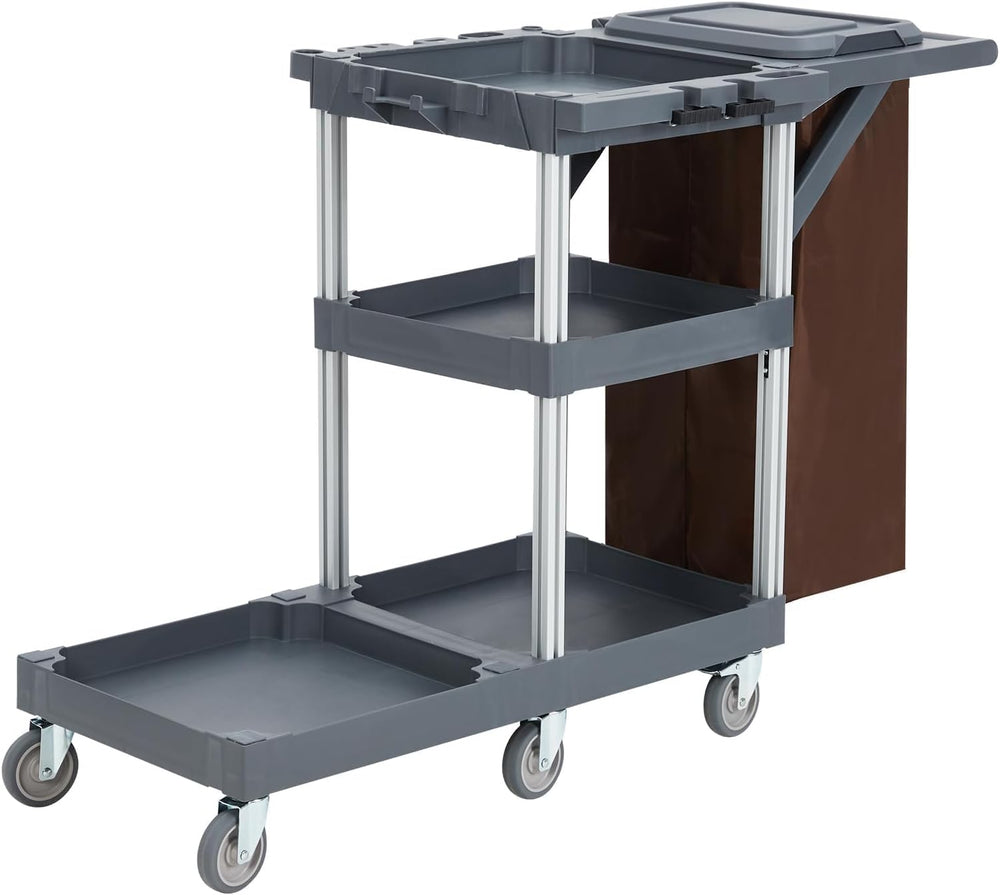 Commercial Janitorial Cart with Wheels, 3 Shelf Cleaning Trolley Cart with 16...
